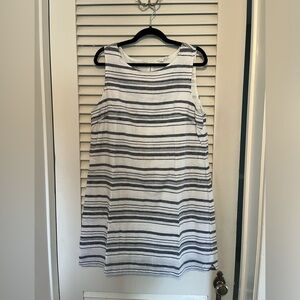 White & navy striped linen dress.
